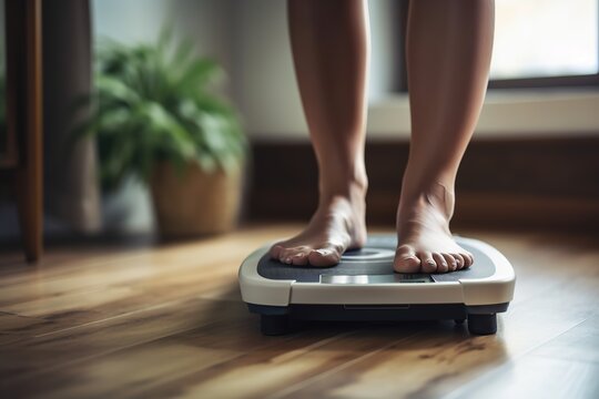 On a home scale an overweight woman weighs herself. Ai generated.