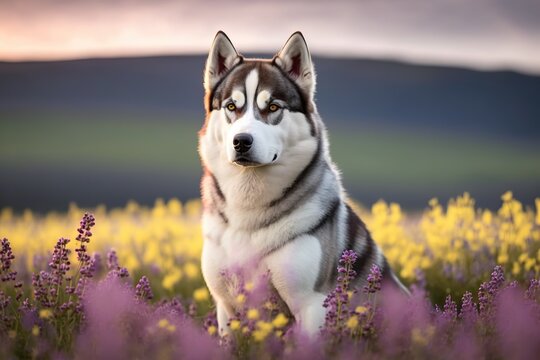 Portrait of a calm dog Suberian husk in a flowery meadow. AI generated.