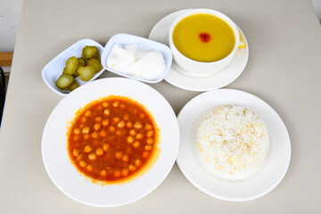 Traditional delicious Turkish food; Turkish style rice pilaf (Turkish name; Arpa sehriyeli. tavuk, kuru fasulyeli, pirinc pilavi)