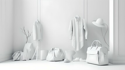 Minimalistic Fashion Scenes on White Background: 3D Render Illustrations