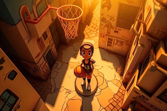 Cartoon Arabic Female Basketball Superstar In A Match On The Street Generative AI