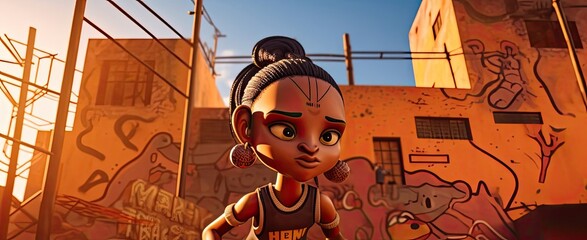 Cartoon East Indian Female Abstract Basketball Superstar At Basketball Game Outside Generative AI