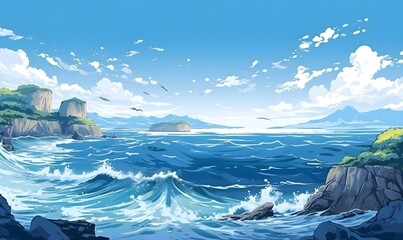 Background with image of Water and Mountains and blue sky, early summer Watercolor Illustration Abstract