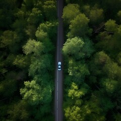 Aerial view green forest with car on the asphalt road, Car drive on the road in the middle of forest trees, Forest road going through forest with car