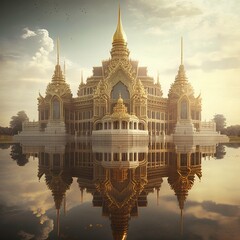 Royal palace is reflected in the water with the sky behind it, AI Generated