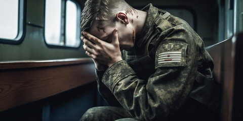 Soldat alleine mit seinen Gefühlen KI - obrazy, fototapety, plakaty