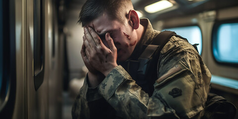 Soldat alleine mit seinen Gefühlen KI - obrazy, fototapety, plakaty