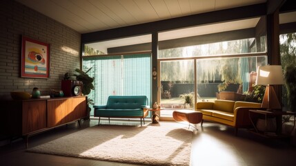 Fototapeta premium Mid-century modern interior design room with beautiful lightning generative ai