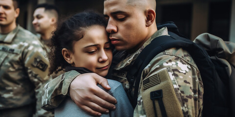 Soldat kommt heim; Wiedersehen eines Soldaten mit einem seiner Liebsten KI - obrazy, fototapety, plakaty