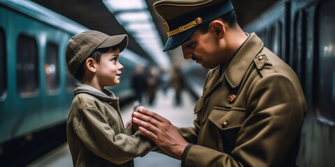 Fototapeta premium Soldat kommt heim; Wiedersehen eines Soldaten mit einem seiner Liebsten KI