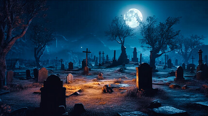 Graveyard at Night - Spooky Cemetery with a Full Moon. Halloween festival concept. Generative Ai illustration artwork.