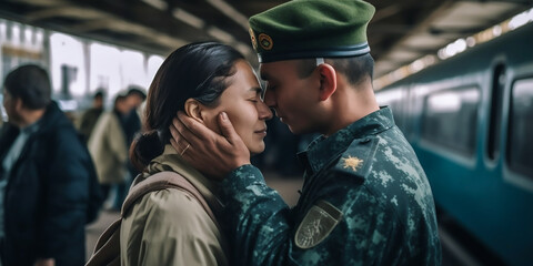 Fototapeta na wymiar Soldat kommt heim; Wiedersehen eines Soldaten mit einem seiner Liebsten KI