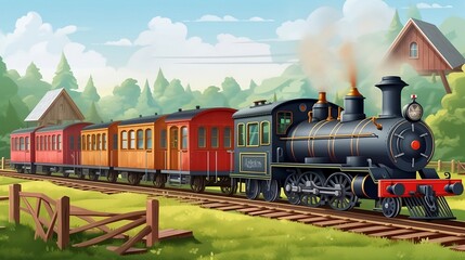 Fototapeta na wymiar AI-generated photo: Children's railway with steam locomotive and wagons - nostalgic adventure