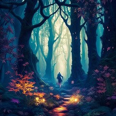 illustration of a person exploring a mystical forest