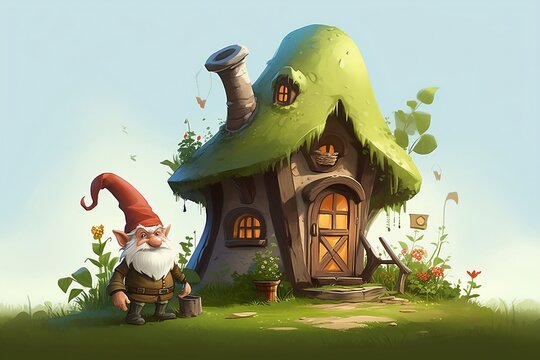 AI-generated photo: Fairytale gnome in a magical gnome house surrounded by trees, green grass, and cartoonish scenery