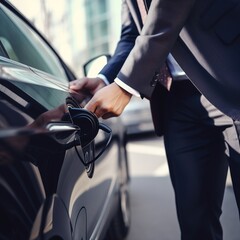 Hand charging an electric vehicle in close-up.. generative ai