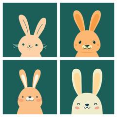 Vector Easter Greeting Card Set with Easter Cute and Funny Cartoon Rabbit. Holiday Design with Flat Hare, Bunny on Blue Background. Vector Illustration