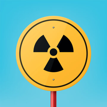 Vector Yellow Blank Round Road Sign Frame with Radiation Sign, Icon, Nuclear Warning Symbol Icon Closeup on Blue Background. Road Pointer Plate Design Template, Front View