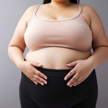 Fat Woman Measuring Her Stomach Isolated On White Background. Overweight, Obesity. Woman Diet Lifestyle Concept. Generative Ai