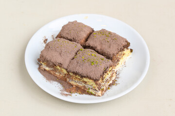 Turkish Dessert Sobiyet Baklava, mussels baklava and classic baklava with Pistachio . Didye, Cevizli, Fistikli Baklava, top view.