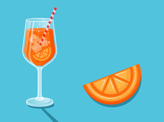 Fresh orange coctail in a glass. Coctail and realisitc orange slice.