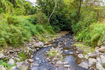 Fototapeta premium A view down a river crossing on the road leading to the Arenal Lake in Costa Rica during the dry season