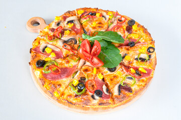 Delicious mixed pizza with rich content. Menu concept of choice and diversity. Karisik pizza