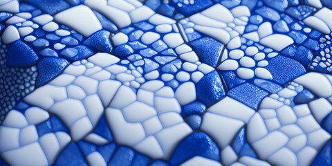 A close up of a blue and white mosaic tile, background of glass