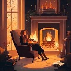 illustration of a woman reading a book in a cozy armchair by a fireplace