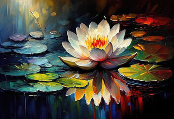 Waterlily Flower Floating in Water on Green Leaves. AI generative. Acrylic Painting - obrazy, fototapety, plakaty