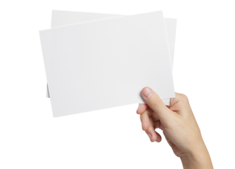 Hand holding two small sheets of paper (tickets, flyers, invitations, coupons, photocards, etc.), cut out