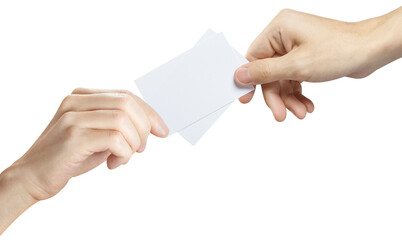 Obraz premium Hands sharing two blank plastic or carton cards (tickets, flyers, invitations, coupons, money, etc.), cut out