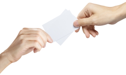 Hands sharing two blank plastic or carton cards (tickets, flyers, invitations, coupons, money, etc.), cut out