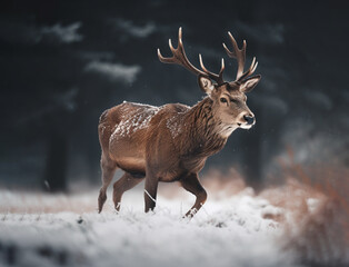 red deer cervus elaphus running in a snowy landscape,  Created using generative AI tools.