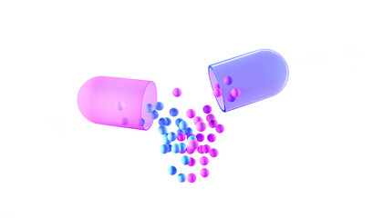 Realistic medical opened capsule pill. Vitamin antibiotic 3D medicine drug for concept improve health. 3d render capsules for advertising healthcare food on white background.