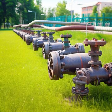 pump, gas and oil pipeline on lush grass background. pipeline in the field. generative ai