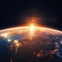 Planet earth with sunrise in space, save earth day. generative ai