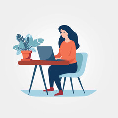 woman working on laptop in office, vector illustration