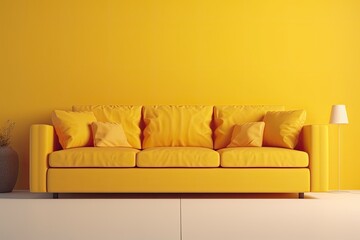 modern yellow couch in front of a bright yellow wall. Generative AI