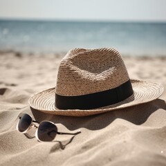 hat and sunglasses on the beach. generative ai
