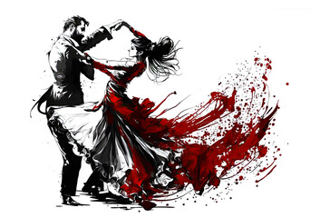 Graphic of Couple in Passionate Tango Dance. AI generative. Ink Painting in Black and Red Isolated on White. - obrazy, fototapety, plakaty