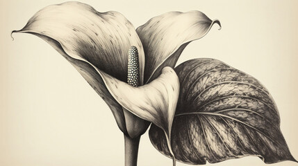 Single Calla Lily of the Incas flower drawing on white vintage background. Generative AI. - obrazy, fototapety, plakaty