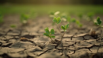 Green plant growing on a dry field. Drought concept. Ai Generative.