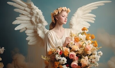 Handsome angel woman with a bunch of flowers. Ai Generative.