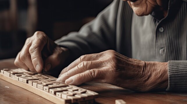 Old man's hands training the memory with dominoes.
Ai Generative.