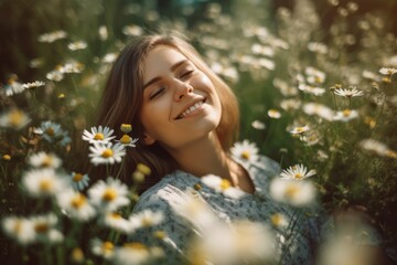 "Beautiful young woman lying in a field of chamomile flowers, serenity, peace, and bliss, tranquil expression, connection with nature reflect gratitude and contentment, generative ai