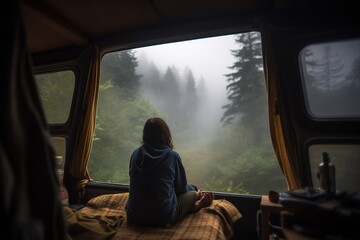 Fototapeta premium Woman inside a camper van looking on pine forest and foggy mountains. Generative ai
