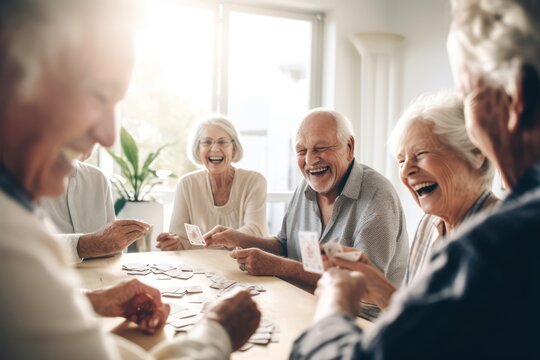 "Joyful group of seniors playing cards and sharing laughter in a retirement nursing home, camaraderie and enjoyment create a warm and lively atmosphere in the community living space, generative ai