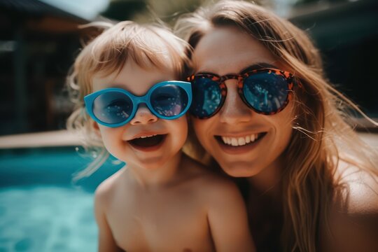 "Mother and daughter enjoy a summer afternoon in a swimming pool, both wearing sunglasses and smiling. Their playful interaction and shared fun capture the essence of a family vacation, generative ai
