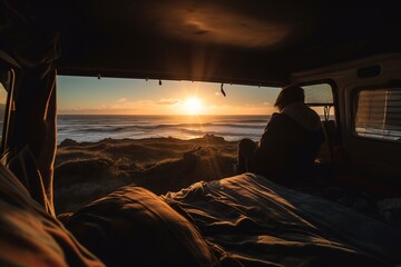 Woman is sitting in camper's van cozy interior with ocean view. Generative ai